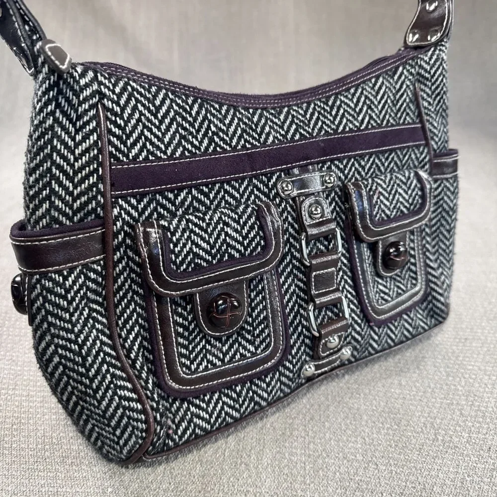Vtg 90s Apt 9 Herringbone Shoulder Bag with Leather Trim Pockets Purse Handbag